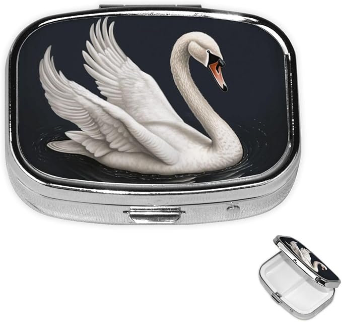 Square Pill Box 2 Compartment Medicine Pill Case White Swan Pill Box for Purse Pocket Waterproof Metal Pill Container Portable Pill Holder Mini Pill Organizer for Travel or Daily