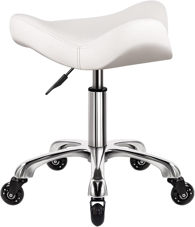 Heavy Duty Rolling Stool with Wheels Hydraulic Swivel Adjustable Rolling Stool Ergonomic Thick Irregular Leather Seat Chair for Kitchen Drafting Lab Office Salon Message Counter – White