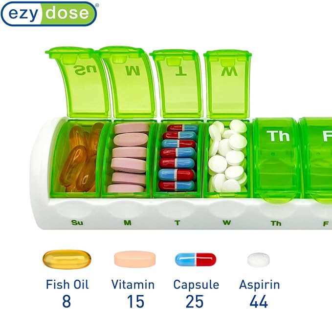 EZY DOSE Weekly (7-Day) Travel Pill Case, Medicine Planner, Vitamin Organizer Box, Convenient and Easy to Use, Removable Daily Compartments, Great for Travel, Color May Vary, BPA Free