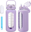 42oz/52oz/64oz Glass Water Bolttles with Straw Half Gallon Large Motivational Water Bottle with Time Marker Sports Water Bottles with Silicone Sleeve and Handle Lid Water Jug for Gym Workout
