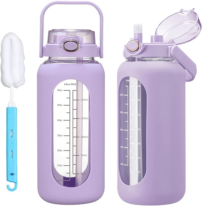 64oz Glass Water Bolttles with Straw Half Gallon Large Motivational Water Bottle with Time Marker Sports Water Bottles with Silicone Sleeve and Handle Lid Water Jug for Gym Workout