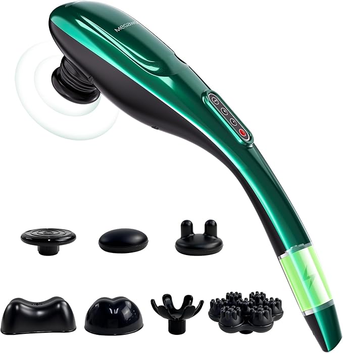 MEGAWISE Handheld Back Massager w/Rechargeable 3200mAh Battery, 5 Speed and 5 +2 Massage Nodes with Hard (Dark Green)