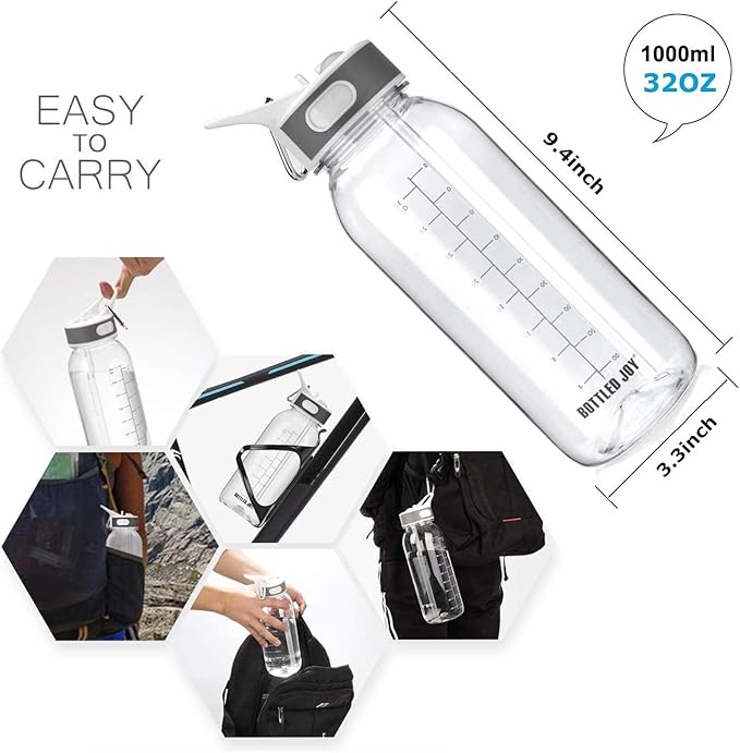 student 32oz tritan Water Bottle with Straw & Handle, BPA Free clear sports Bottle with Time Marker, Leakproof drinking water bottle, Dishwasher Safe water Jug for Gym, School,travel, Fitness Outdoor