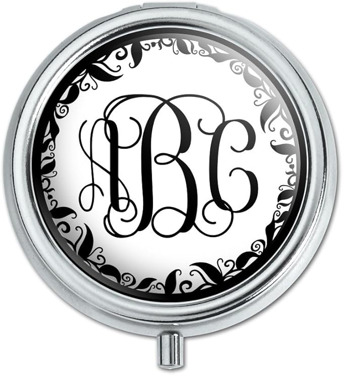 Graphics and More Personalized Custom Pill Case Trinket Gift Box - Monogram Fancy Font Vine Outline