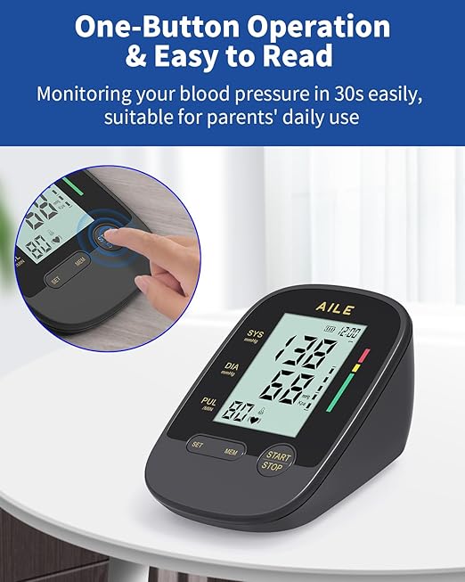 AILE Upper Arm Blood Pressure Machine,High Blood Pressure Monitors for Home use with Adjustable Blood Pressure Cuff - Large LCD Screen,Dual Power Option