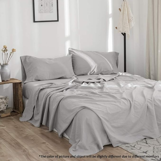 Simple&Opulence Belgian Linen Sheet Set Solid Color - 3 Pieces (1 Flat Sheet, 1 Fitted Sheet & 1 Pillowcase) Natural Flax Cotton Blend Soft Breathable Farmhouse Bedding - Twin Size, Grey