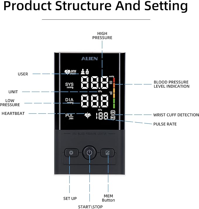 Automatic Upper Arm Blood Pressure Monitor, Large Display Dual User 2x90 Memory, Digital BP Machine with (8.5"-16.5") Adjustable Cuff, Fast & Accurate BP Monitor (Black/White-AES392)