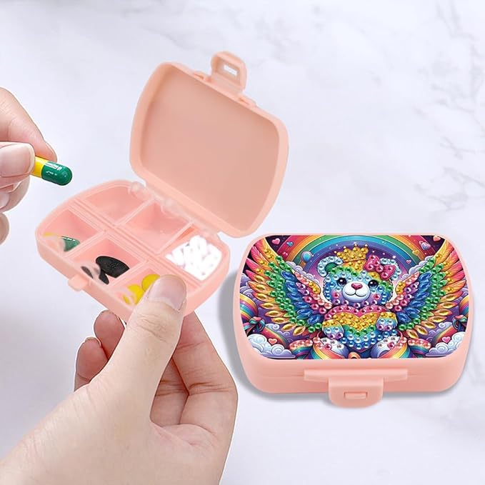 C'eitura 2pcs DIY Mandala & Bear Diamond Art Painting Pink Pill Organizer with 6 Lid Detachable Compartments, Fun DIY Craft Project for Adults, Elegant Pill Case for Purse & Travel