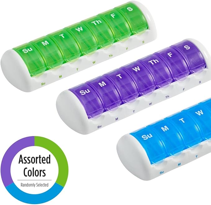 EZY DOSE Weekly (7-Day) Travel Pill Case, Medicine Planner, Vitamin Organizer Box, Convenient and Easy to Use, Removable Daily Compartments, Great for Travel, Color May Vary, BPA Free