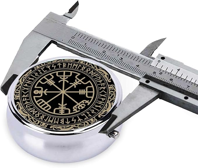 Black Celtic Viking Design Magical Runic Compass Vegvisir in The Circle of Norse Runes and Dragons Tattoo Decorative Round Silver Pill Box Pocket Medicine Tablet Holder Organizer Case for Purse