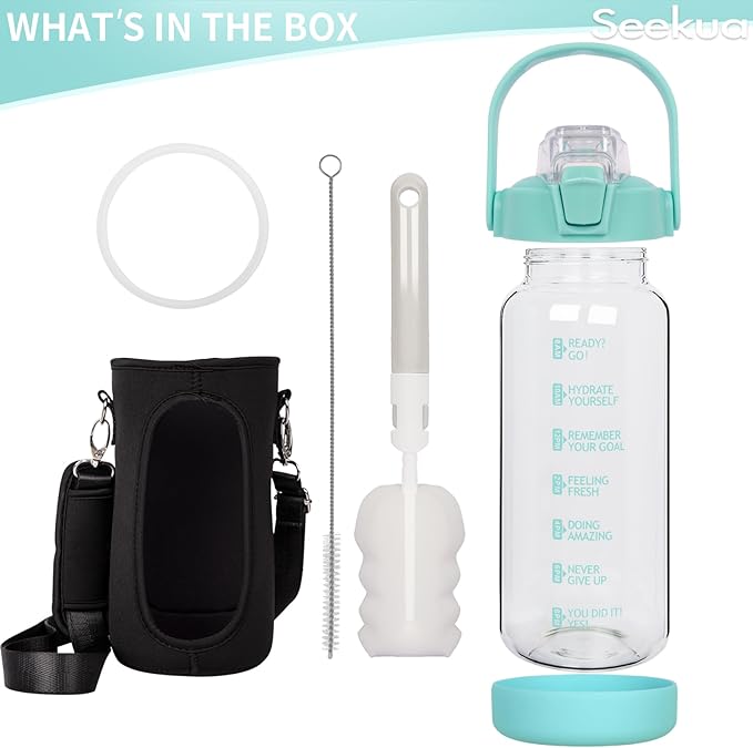 64 oz Glass Water Bottle with Straw and Time Marker, Half Gallon Large Motivational Borosilicate Glass Drinking Bottle with Silicone Boot and Sleeve