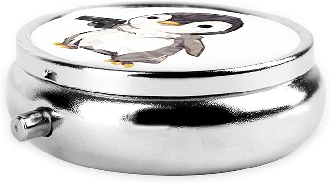 Cartoon Penguin Printed Round Travel Pill Box Cute Small Metal Pocket Pill Case for Men & Women 3 Compartment Portable Pill Organizer for Purse or Pocket