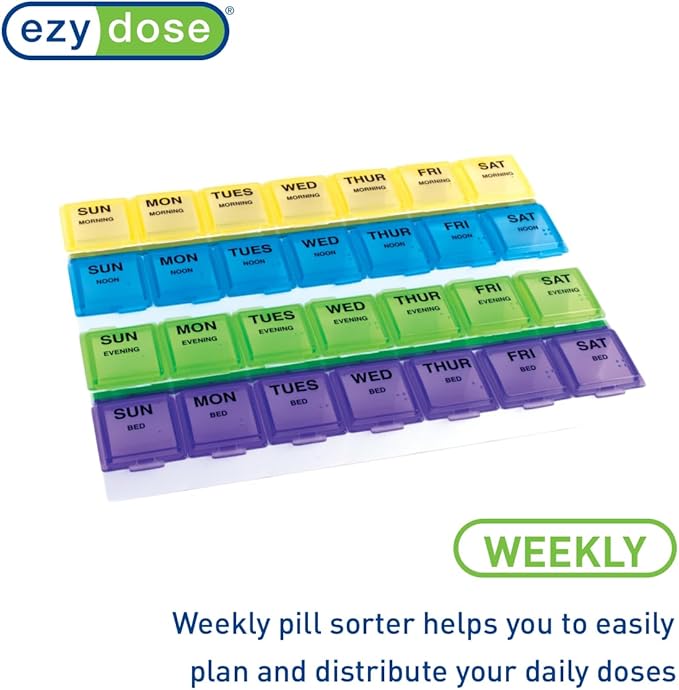 EZY DOSE Weekly (7-Day) Daily Medtime Pill Case, Medicine Planner, Vitamin Organizer, Supplement and Fish Oil Container, Large Compartments with Rounded Base, 4 Times a Day, Colored Lids, BPA Free
