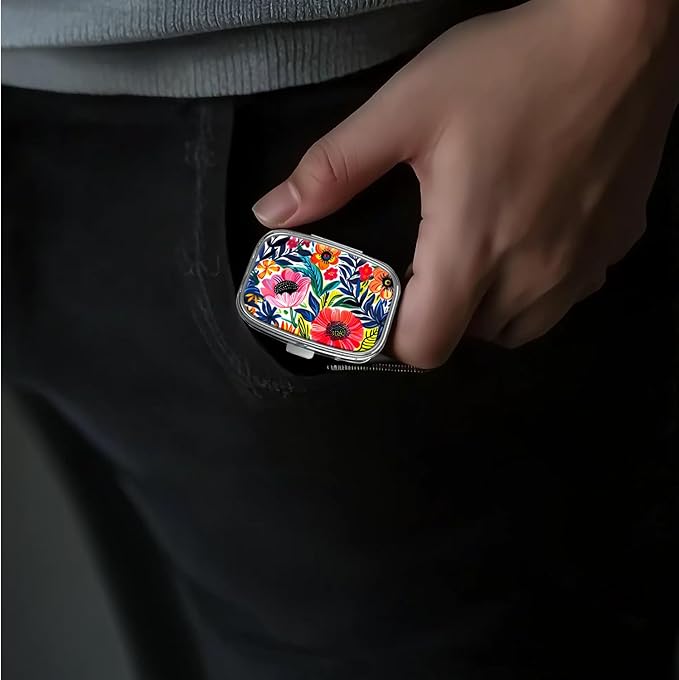 Pill Box-2 Compartment Small Pill Case Portable for Pocket & Purse Single Pill Carrier Pill Container to Hold Vitamins Medication Fish Oil and Supplements BPA-Free(Garden Party-01)