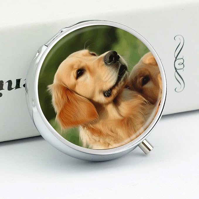 Dog Golden Retriever Travel Pill Box Case 3 Compartment Cute Pill Organizer Metal Pill Holder with Mirror Small Medicine Organizer Daily Pill Container for Purse Pocket Portable Meds Box
