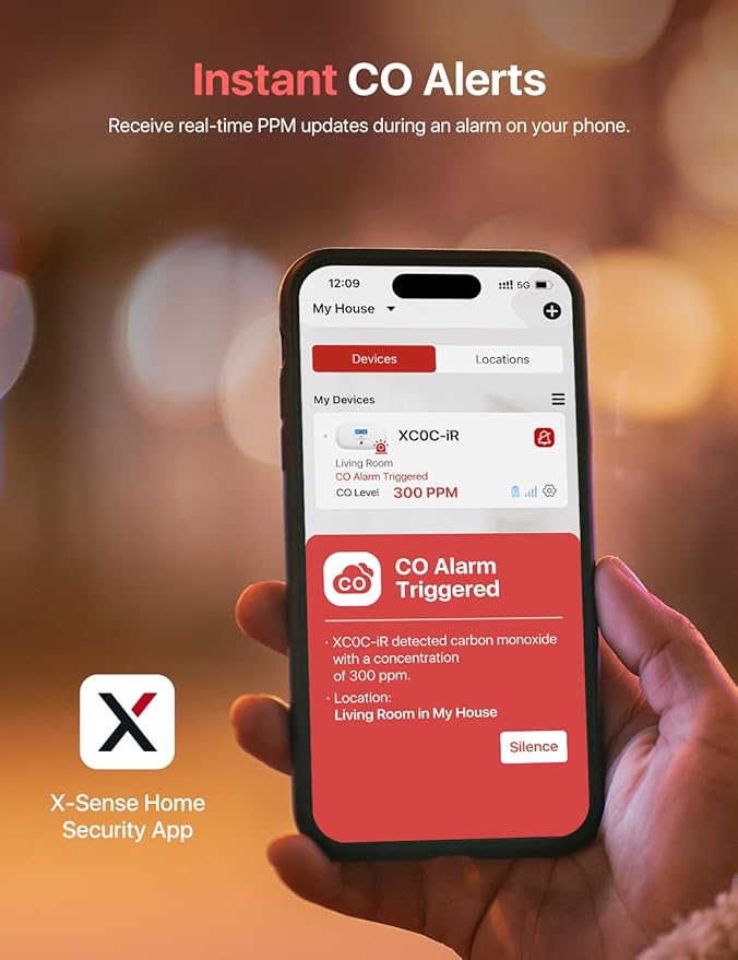 X-Sense Smart Carbon Monoxide Detector XC0C-iR, Silence via App, CO Alarm with LCD Digital Display, Carbon Monoxide Alarm with Replaceable Battery, 1-Pack
