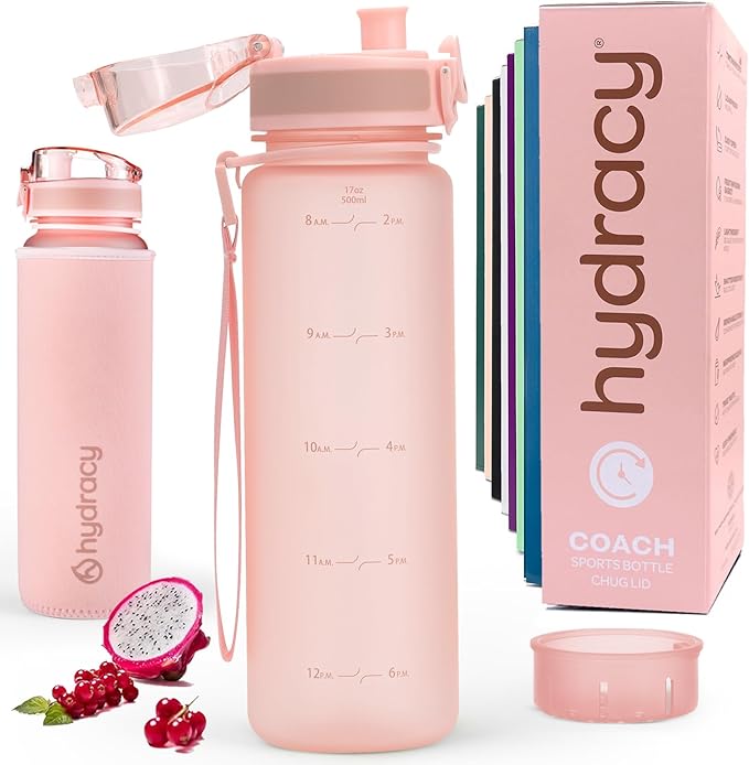 Hydracy Water Bottle with Time Marker -Large BPA Free Water Bottle & No Sweat Sleeve -Leak Proof Gym Bottle with Fruit Infuser Strainer & Times to Drink -Ideal for Fitness Sports & Outdoors