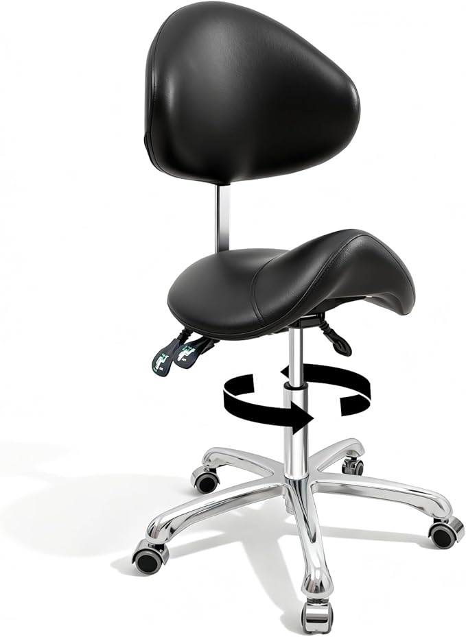 FreSup Saddle Stool, Ergonomic Saddle Chair with Back Support,Tattoo & Esthetician Chair with Wheels, Anti-Fatigue Design for Salon, Dental, Lab, Office and Home Kitchen (Black)