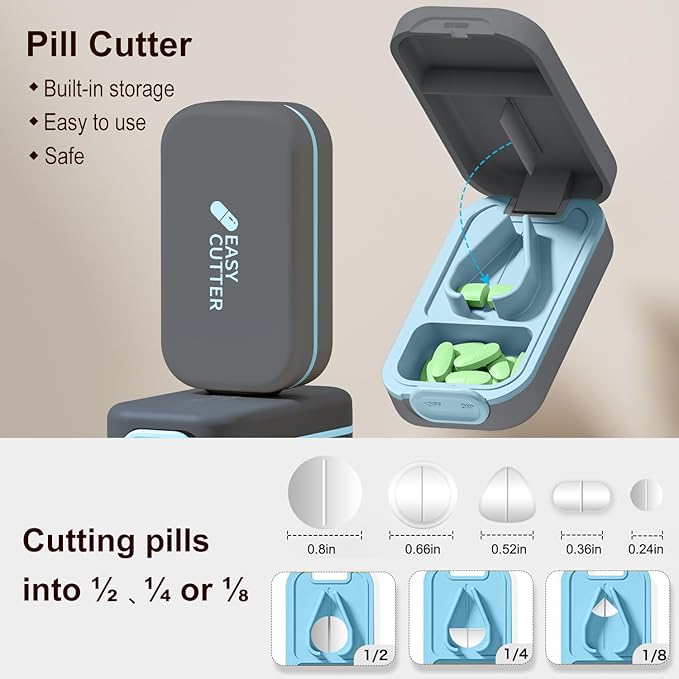 Pill Cutter & Organizer - 3-25mm Adjustable Blades | Splinter-Free Cutting | Detachable Washable Compartment Pill Splitter for Small or Large Pills Gray