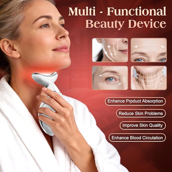 Face and Neck Massager Tool with Heat & 3 Light Therapies, Smart Vibration, Red-Light-Therapy and EMS Modes, Gua Sha Facial Tools for Face and Neck Skin Care and TMJ Relief (White)