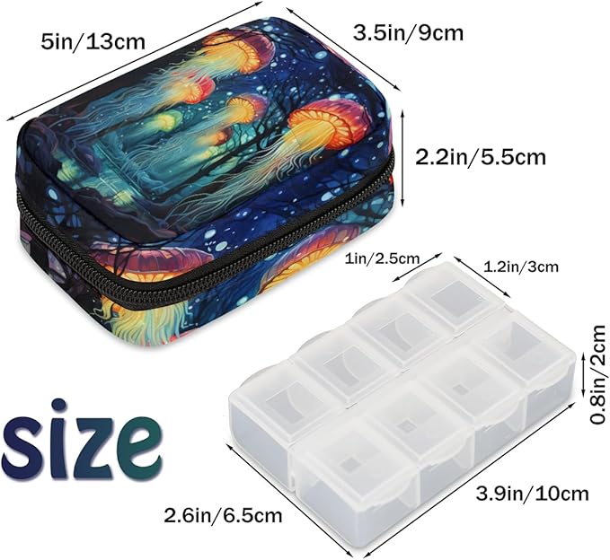 Abstract Tree Forest Jellyfish Travel Pill Organizer Box Weekly Portable Pill Case Daily Pills 7 Day Small Birth Control Pills Container Removable Compartments for Medicine Vitamins Fish Oil