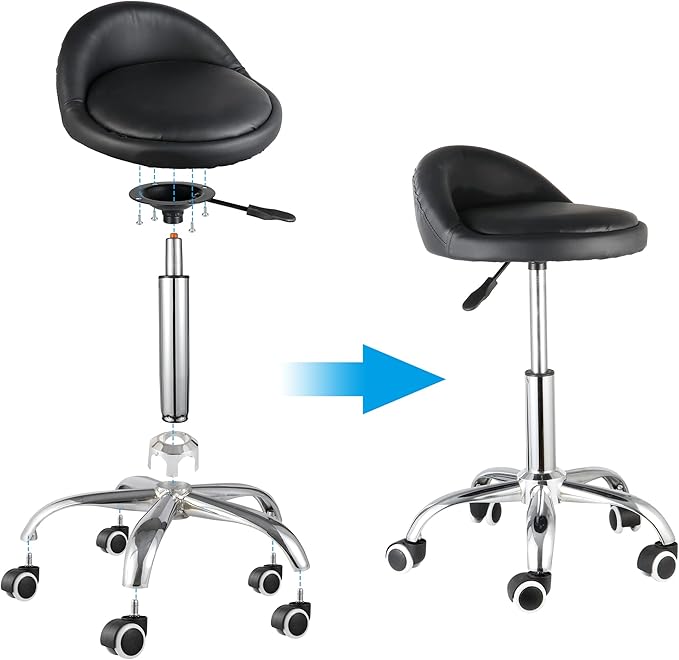 HomGarden Saddle Stool Rolling Chair for Medical Massage Salon Kitchen Spa Drafting Office Kitchen Drafting Chair Stool w/Backrest Cushion & Wheels Black