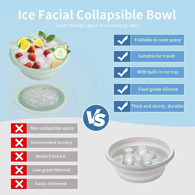 Face Tub for Ice Bath with Built-in Ice Tray – Collapsible Silicone Facial Ice Bath Bowl for Cold Plunge Therapy, Skin Tightening & Acne Relief – Portable Spa Tool for Home & Travel(Green)