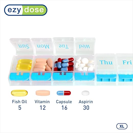 EZY DOSE Weekly (7-Day) AM/PM Daily Pill Organizer, Vitamin Case, and Medicine Container, X-Large Compartments, Arthritis Friendly, Convenient with Effortless Portability, Clear/Blue Lids, BPA Free