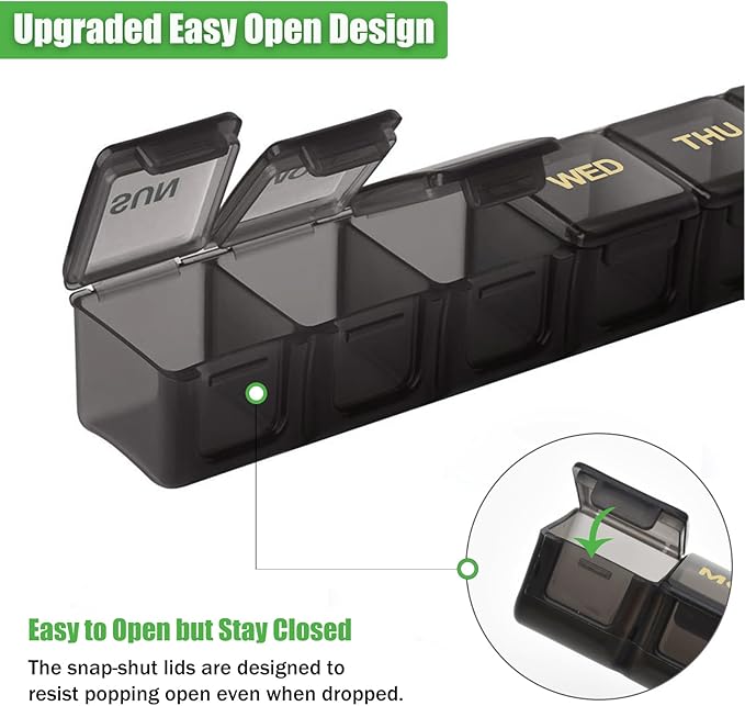 2 Pack Weekly Pill Organizer, Large 7 Day Pill Case, Daily Vitamin Case Medicine Box, AM/PM Pill Containers for Medicine Supplements Fish Oil (Black & Black)