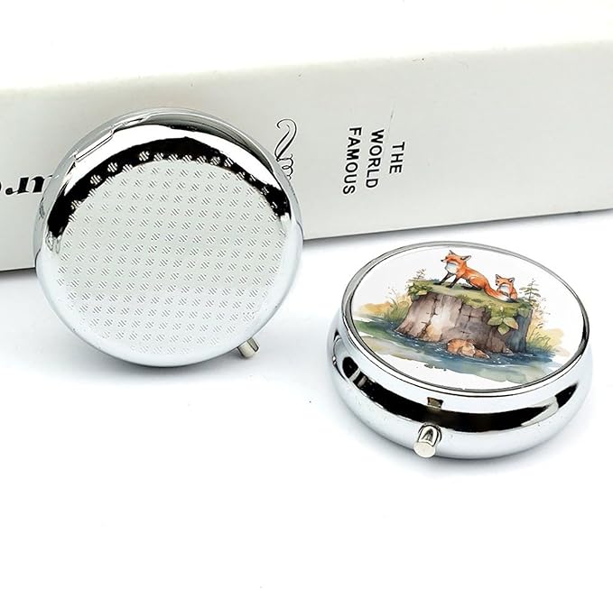 Hand Drawn Fox Pill Box Travel Pill Case for Purse Pocket Weekly Medicine Organizer with Mirror 3 Compartment Round Medicine Case Portable PillcaseHolder for Daily