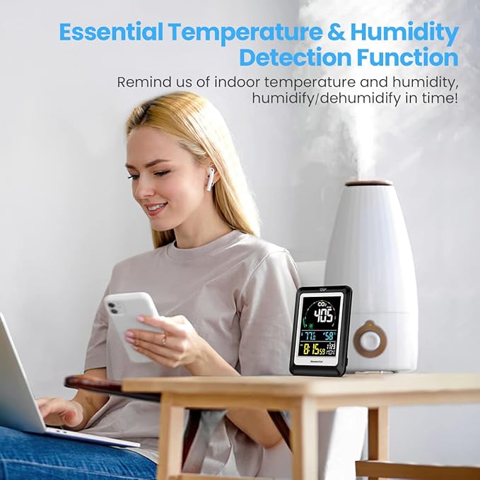 Newentor CO2 Detector with Indoor Temperature Humidity, CO2 Monitor with Clock Alarm, Carbon Dioxide Detector for Home, Portable Air Quality Monitor CO2 Meter Sensor for Tent Garden Plant, Black