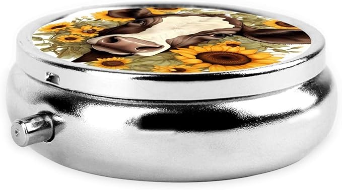 Sunflower Cow Pill Box 3 Compartment Pill Case, Portable Medicine Pill Organizer for Pocket Purse Pill Box Decorative Metal Medicine Vitamin Organizer