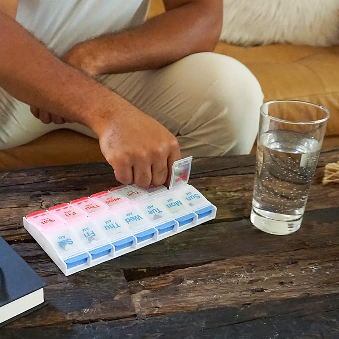 EZY DOSE Push Button (7-Day) Pill Case, Medicine Planner, Daily Vitamin Organizer, 2 Times a Day AM/PM, Large Compartments, Arthritis Friendly, Easy to Use, Clear Lids, Red/Blue, BPA Free (Pack of 2)