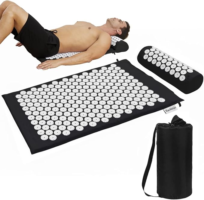 XiaoMaGe Acupressure Mat and Pillow Set with Bag - Large Size 28.7 X 16.5 inch Acupuncture Mat for Neck & Back Pain, Muscle Relaxation Stress Relief, Sciatica Pain Relief Pillow (Black)