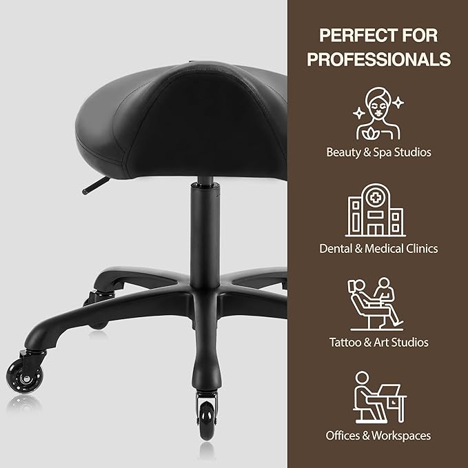 Heavy-Duty Ergonomic Pneumatic Swivel Rolling Saddle Stool with Extra Wide Seat for Hygienic Clinic Spa Massage Home and Office - 505 KIMO (Black)