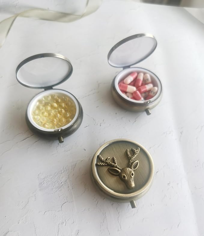 Antique Pill Box Travel Pill Case - Cute Daily Pill Organizer Small Pill Box for Purse, Mini Pocket Pill Case, Round Metal Pill Organizer (Deer)