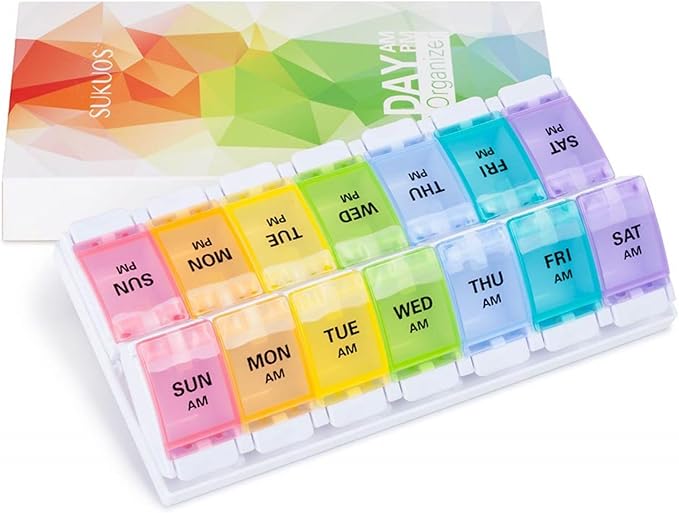 Sukuos AM PM Weekly Pill Organizer 2 Times A Day 2pcs, 7 Day Pill Box with Easy Push Button, BPA Free Medicine Case Vitamin Holder for Fish Oil/Supplements (Rainbow)