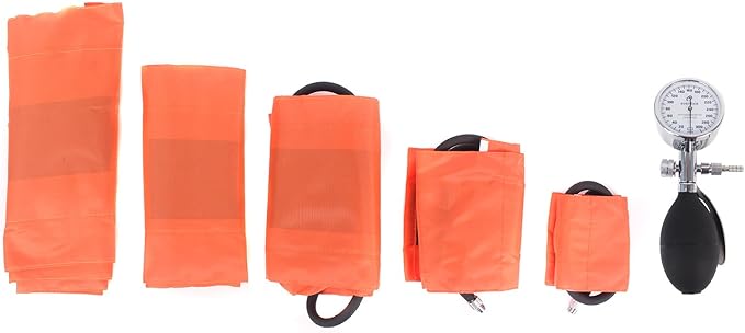 Dixie EMS Aneroid Sphygmomanometer Kit, Manual Blood Pressure Monitor Set with 5 Cuffs for Infant, Child, Adult, Large Adult, Thigh, & Carrying Case - Orange