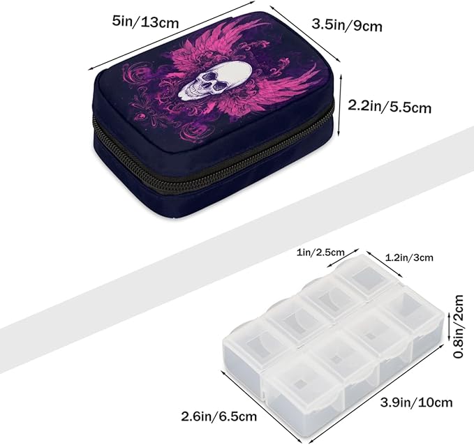 Purple Skull Cool Pill Case Travel Pill Organizer Weekly 7 Day Portable with Zipper Medicine Box Pill Case for Vitamins, Birth Control,Fish Oils,Medication, Supplements