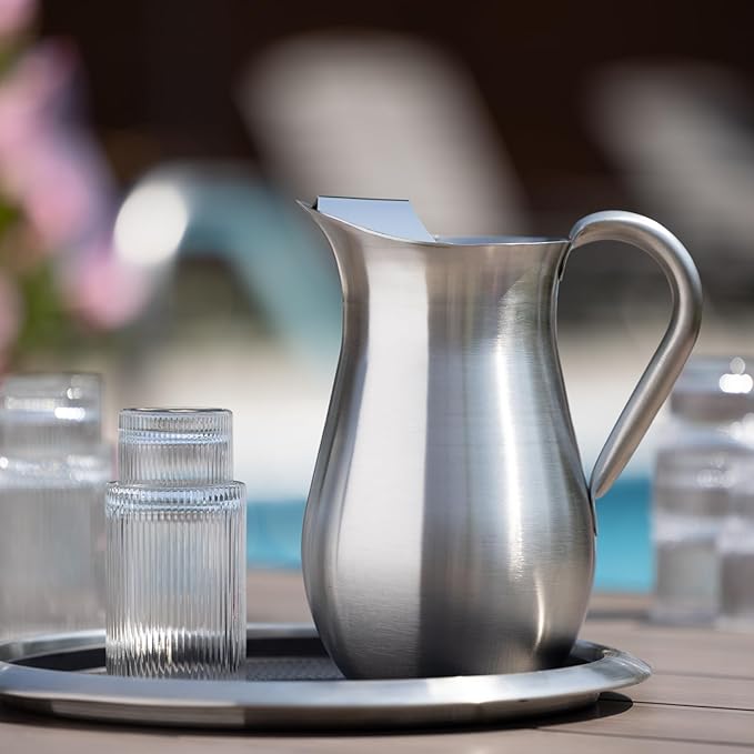 Service Ideas WPB2BS Water and Cold Beverage Pitcher with Built-in Ice Guard, Bell Shaped, 2 Liter (66.6 ounces), Dishwasher Safe, Brushed Stainless Steel