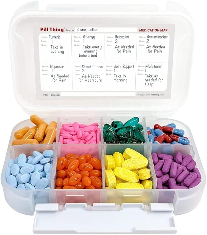 8 Compartment Large Pill Case with Airtight Seal, Adjustable Dividers, Silicone Gasket Waterproof Med Box with Medication Map (Clear - 2 Pack)