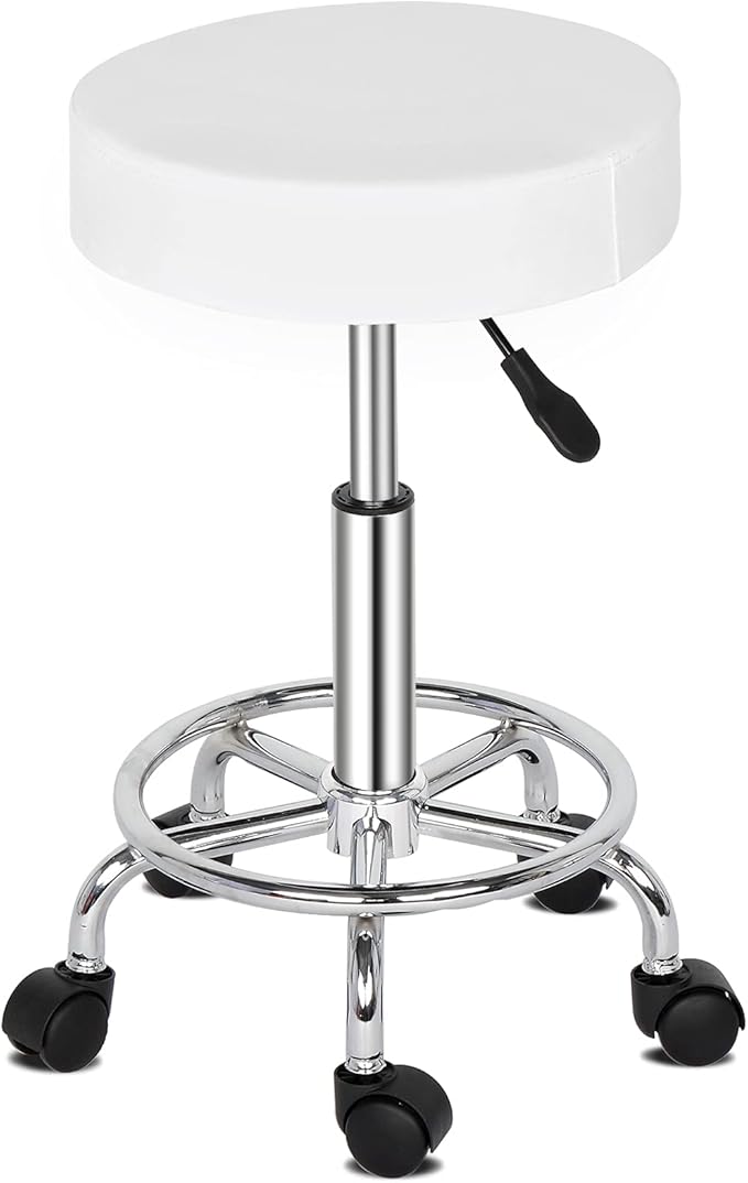 Modern Rolling Round Stool Chair,PU Leather Swivel Adjustable Rolling Stools,Ergonomic Swivel Salon Spa Barstools,Office Drafting Chairs,with Wheels,for Home, Kitchen, Medical, Lab (White)
