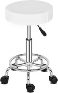 Modern Rolling Round Stool Chair,PU Leather Swivel Adjustable Rolling Stools,Ergonomic Swivel Salon Spa Barstools,Office Drafting Chairs,with Wheels,for Home, Kitchen, Medical, Lab (White)