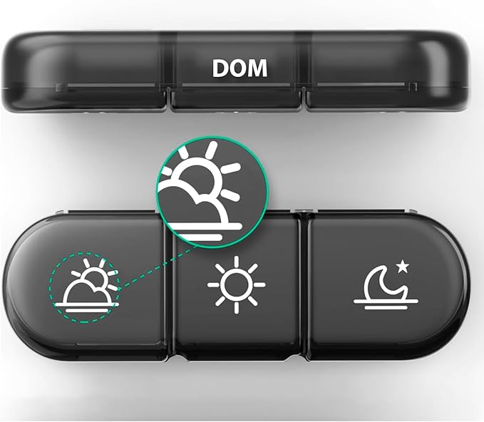 Weekly Pill Box 3 Takes 100% in Spanish – COLOR: BLACK | 7 Individual Pill Boxes for Each Day in Spanish with 21 Compartments (3 Daily Shots) | Travel Pill Organizer | Nexum Market