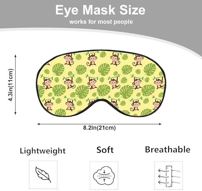 Funny Monkey Silk Eye Mask Sleep Mask Brown Monkeys Animal Green Tropical Leaves Eye Mask with Adjustable Strap Lightweight for Women Work Travel Night Sleep