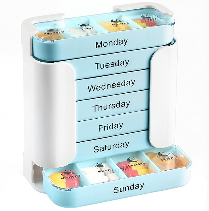 Stay on Track 7-Day Medication Organizer - for Effortless Health Management, Large Weekly Pill Organizer with 4 Times a Day Compartments, Stackable Pill Organizer for Vitamins & Supplements (Blue)