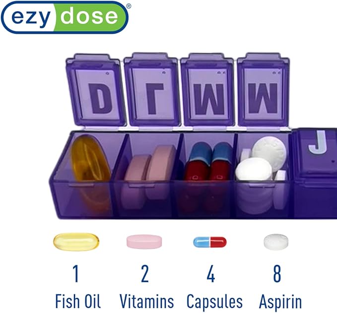 EZY DOSE Weekly (7-Day) Pill Organizer, Vitamin and Medicine Box, Medium Pop-Out Compartments, 4 Times a Day, Colors May Vary, Spanish Imprints (Pack of 5)
