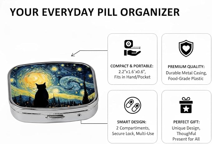 Starry Night Pill Box 2 Compartment Small Pill Case,Portable for Pocket or Purse Pill Organizer Pill Container Holder with Mirror to Hold Vitamins, Medication, Fish Oil and Supplements
