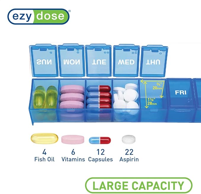 EZY DOSE Weekly (7-Day) Medication Management Bundle, Pill Case, Medicine Planner, Vitamin Organizer Box with Pill Cutter, Convenient and Easy to Use, Travel Friendly, Colors May Vary, BPA Free