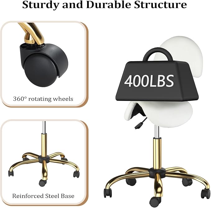 OmySalon Drafting Chair,Ergonomic Saddle Stool with Back Support,Tall Adjustable Rolling Stool with Thick Seat Cushion, Office Computer Chair for Salon Barber Spa Home Bar, White Gold